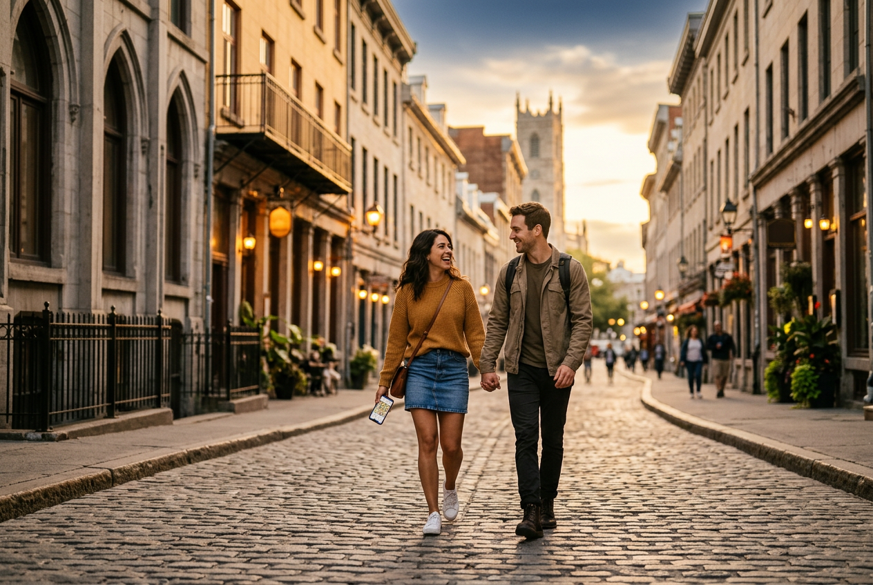 Travelers exploring Old Montreal at golden hour